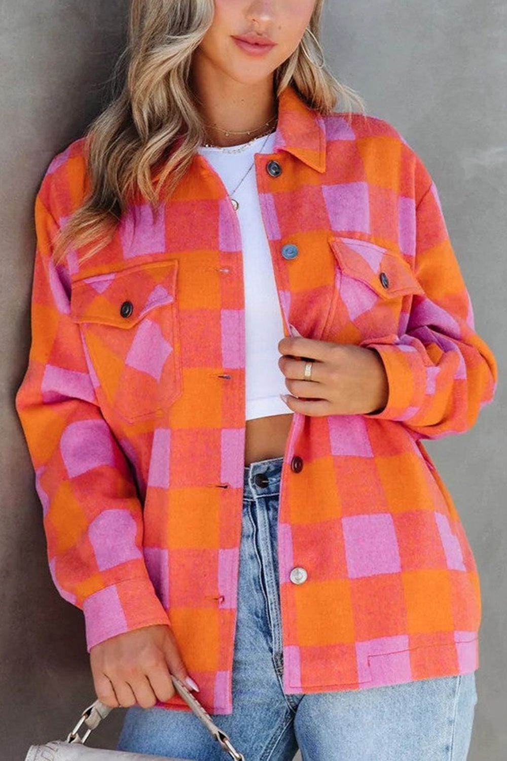 Plaid Collared Neck Button Up Jacket - Delanoir