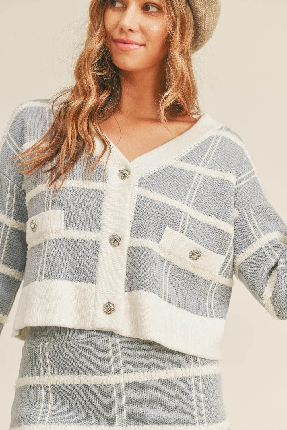 MABLE Plaid Button Down Sweater Cardigan and Mini Skirt Set - Delanoir