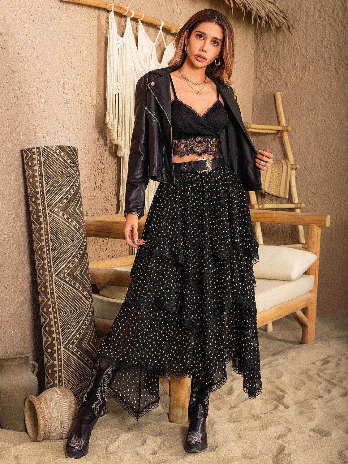 Lace Detail Layered Midi Skirt - Delanoir