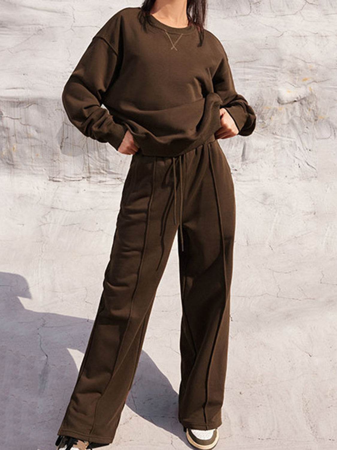 Round Neck Long Sleeve Top and Elastic Waist Pants Set - Delanoir