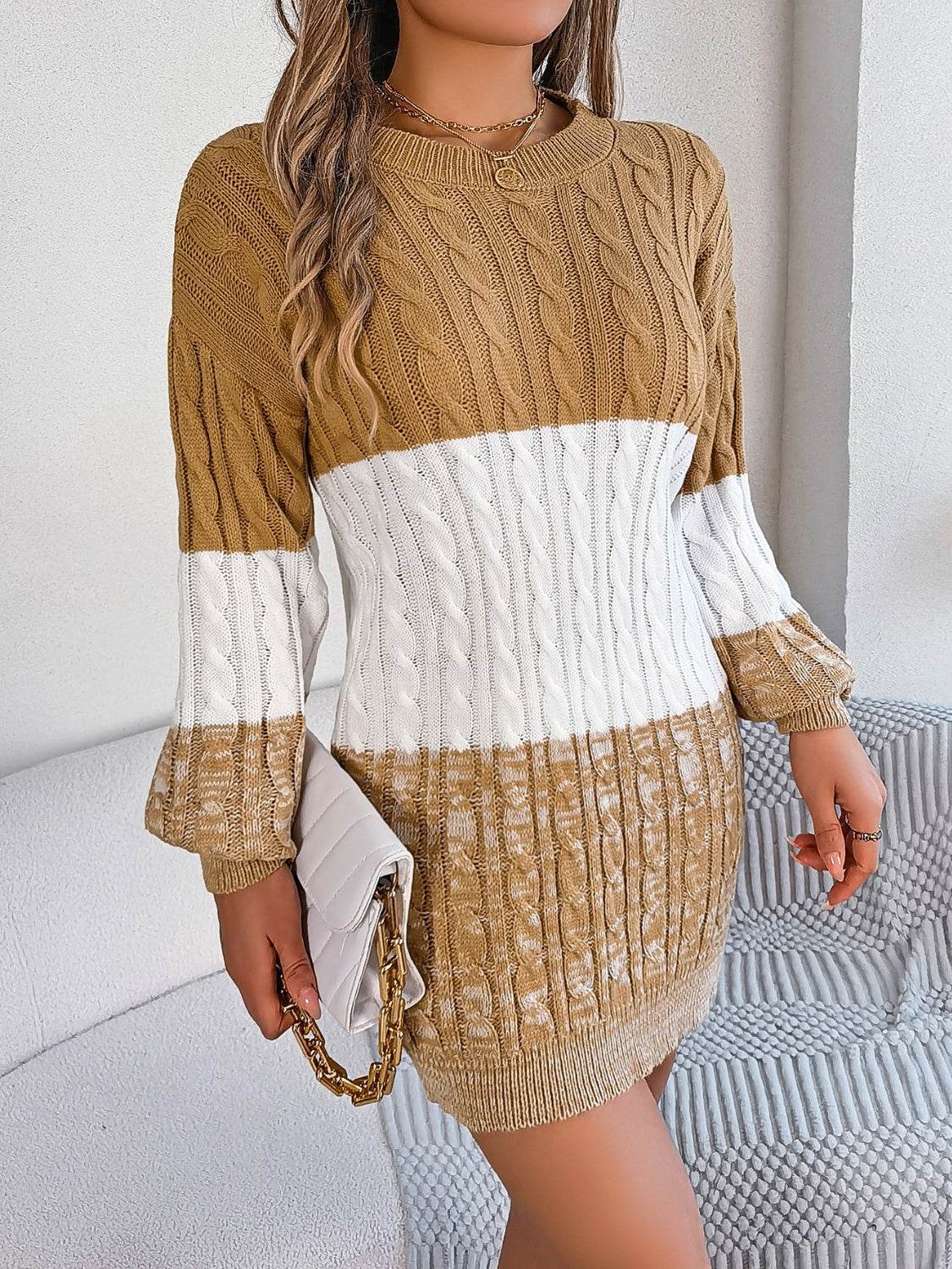 Cable-Knit Round Neck Color Block Sweater Dress - Delanoir
