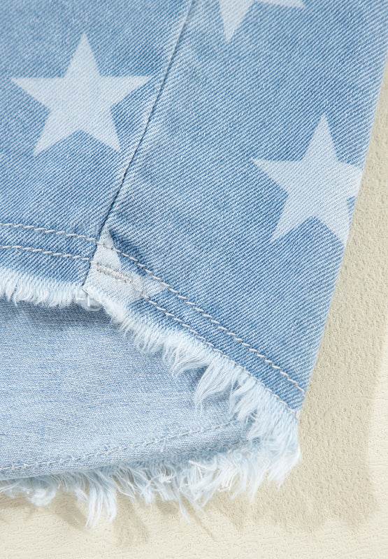 Raw Hem Star Collared Neck Denim Top - Delanoir