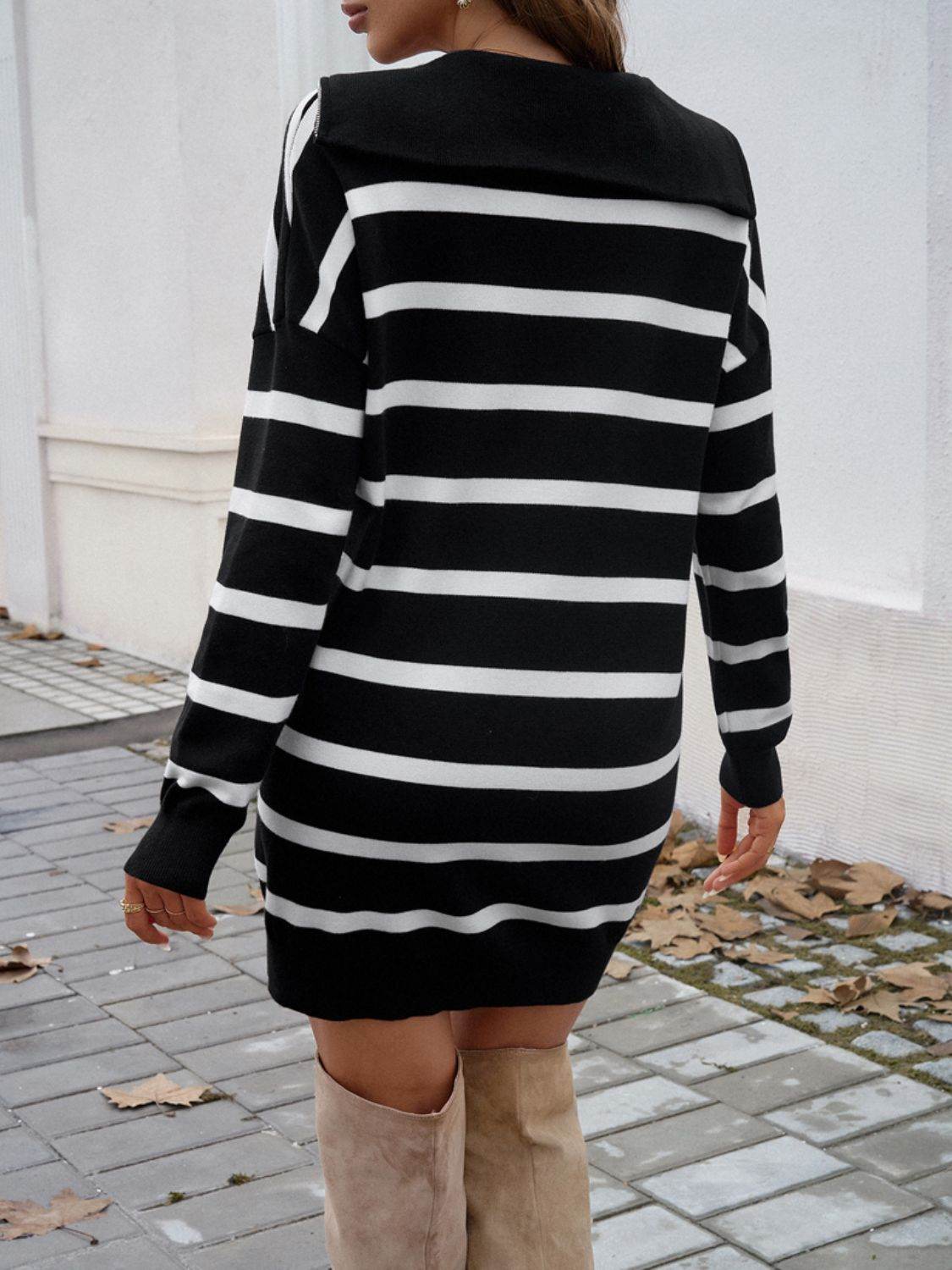 Devine Quarter Zip Striped Long Sleeve Sweater Dress - Delanoir