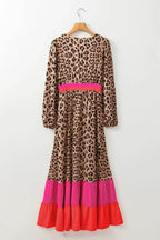 Leopard V-Neck Long Sleeve Maxi Dress - Delanoir