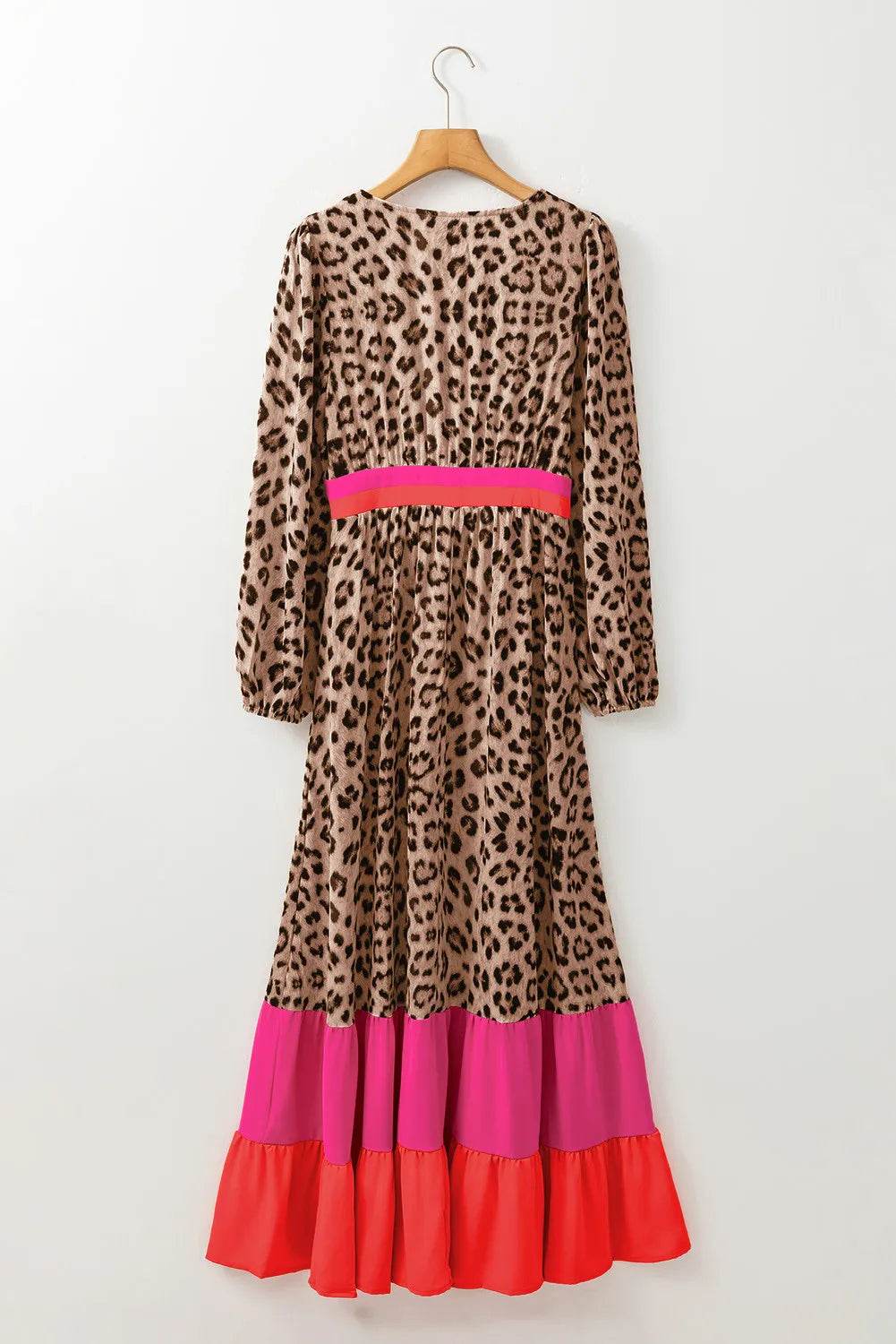 Leopard V-Neck Long Sleeve Maxi Dress - Delanoir