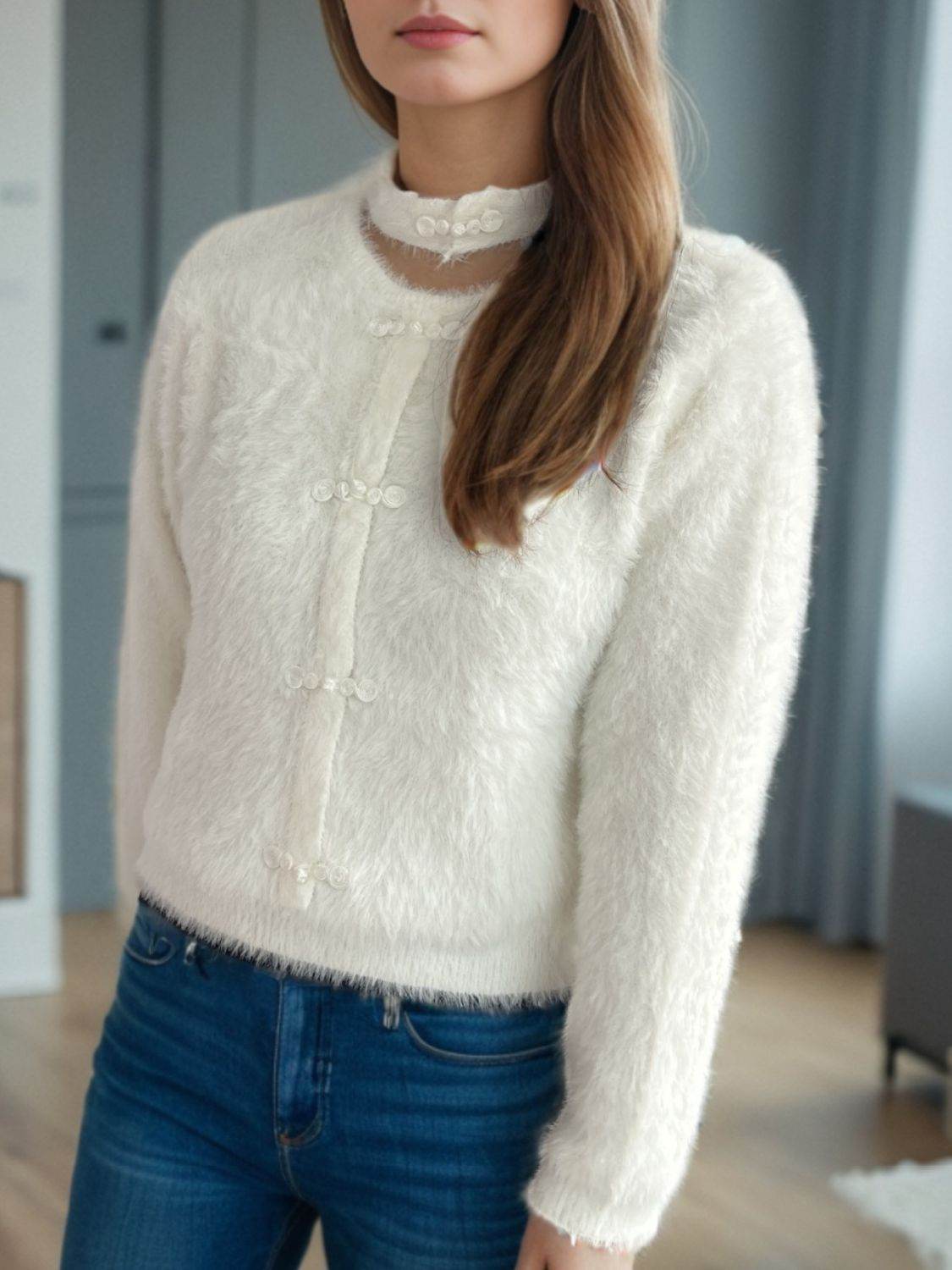 Cutout Knot Button Long Sleeve Cardigan - Delanoir