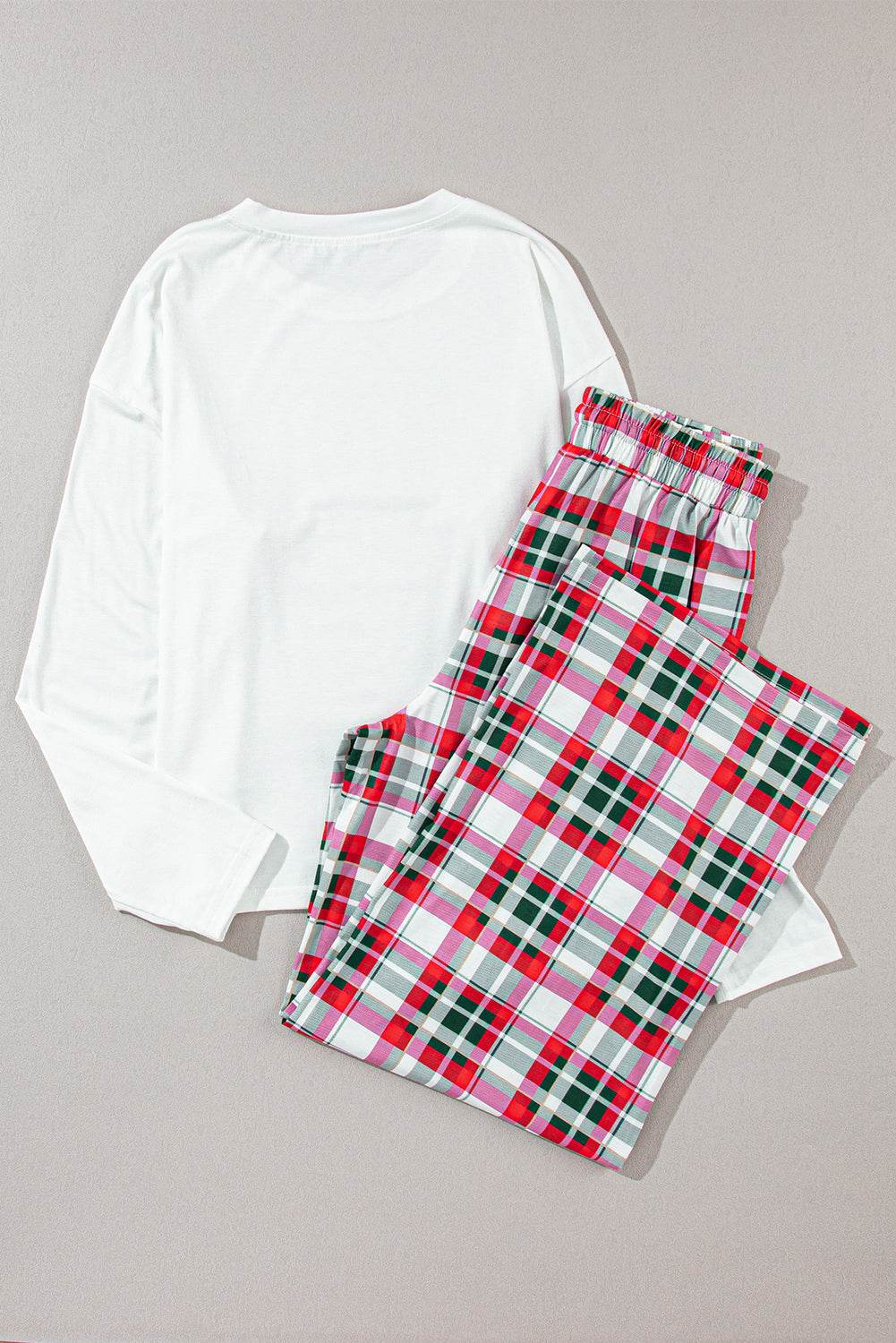 MERRY CHRISTMAS Round Neck Top and Plaid Pants Set - Delanoir