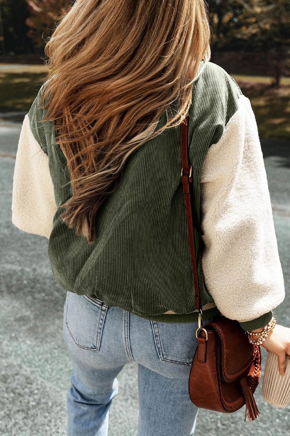 Contrast Baseball Collar Snap Down Long Sleeve Jacket - Delanoir