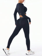 Letter Print Round Neck Long Sleeve Top and Leggings Active Set - Delanoir