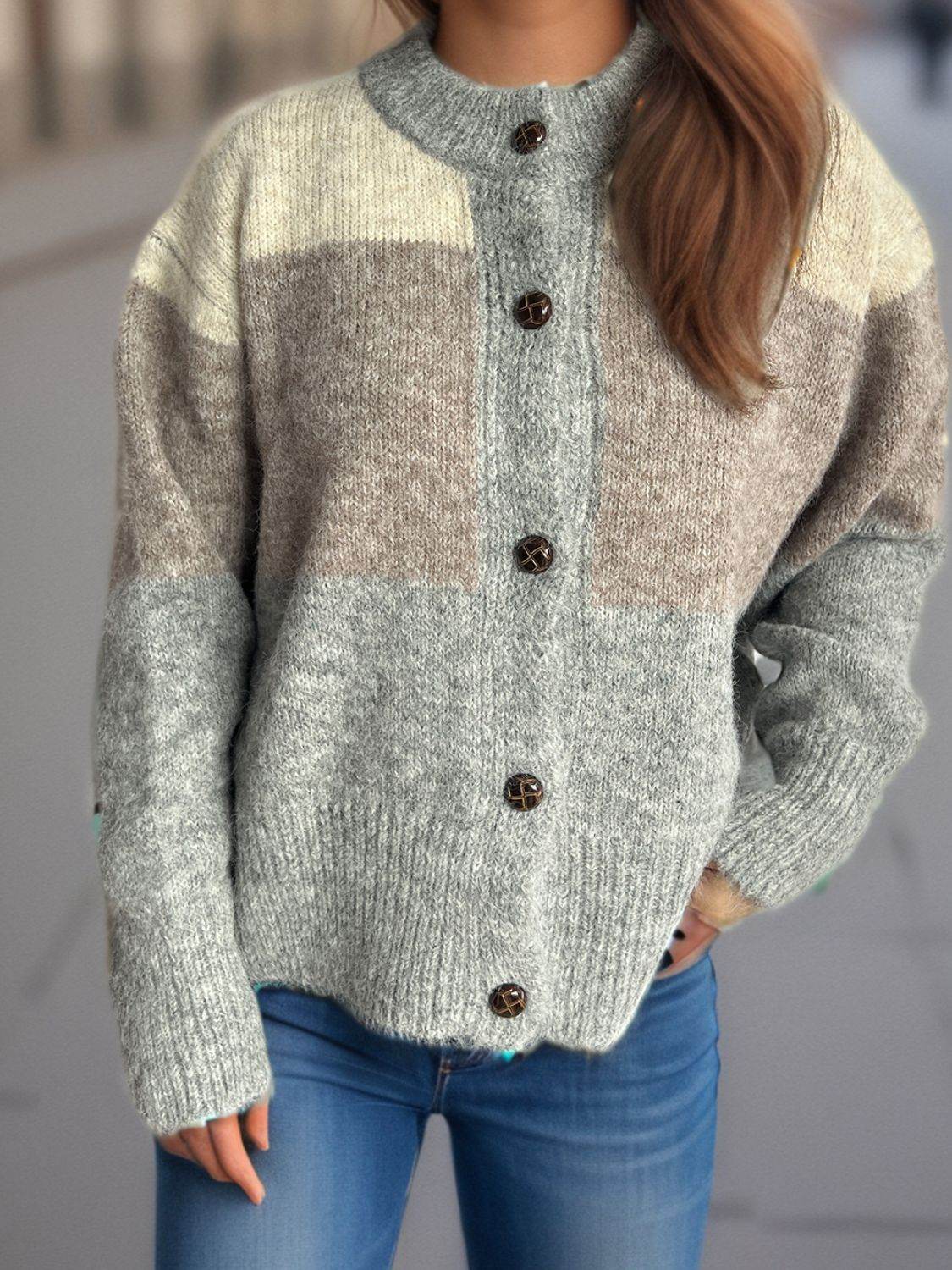 Color Block Round Neck Button Up Cardigan - Delanoir