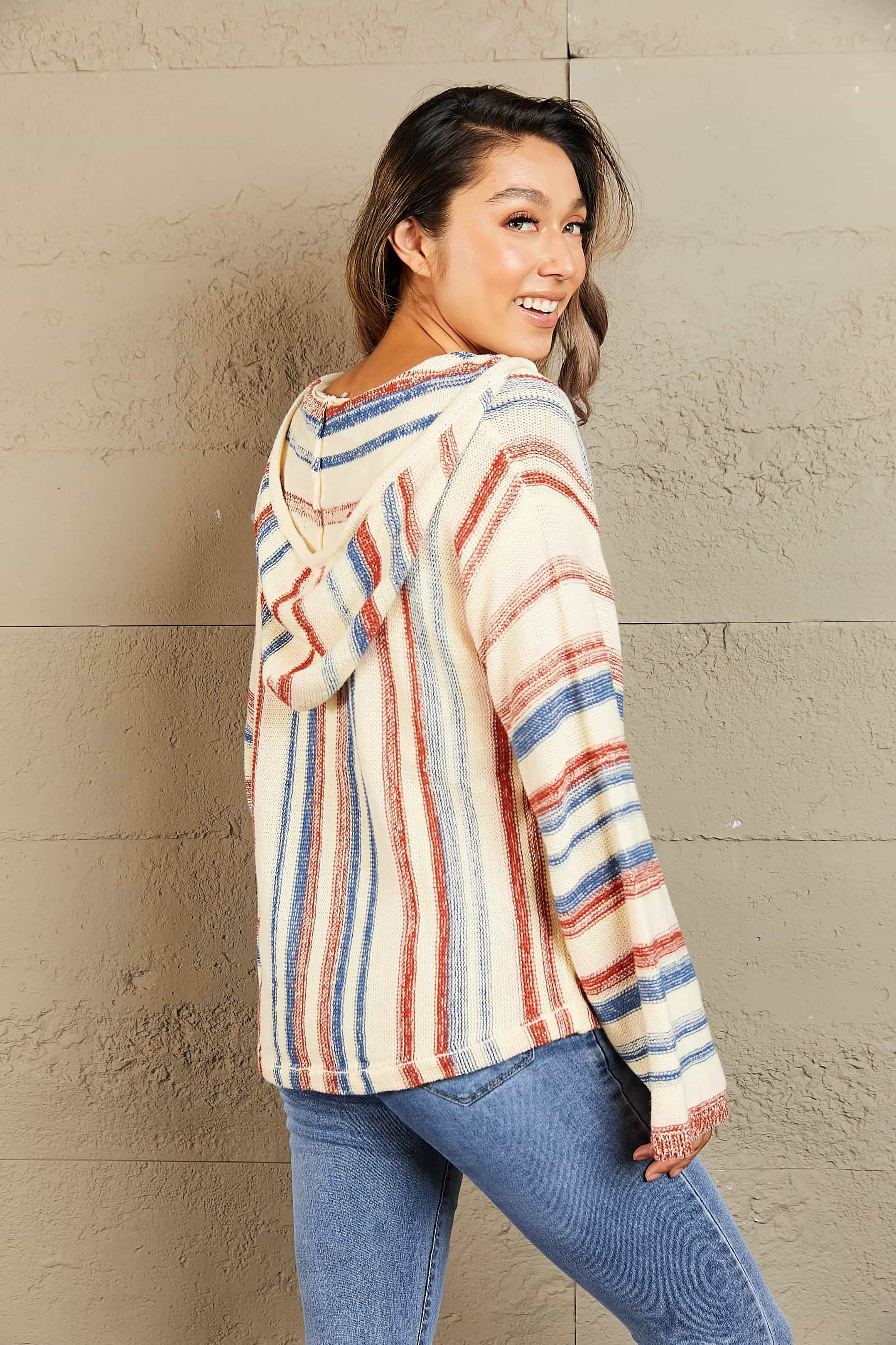 Striped Hooded Sweater with Kangaroo Pocket - Delanoir