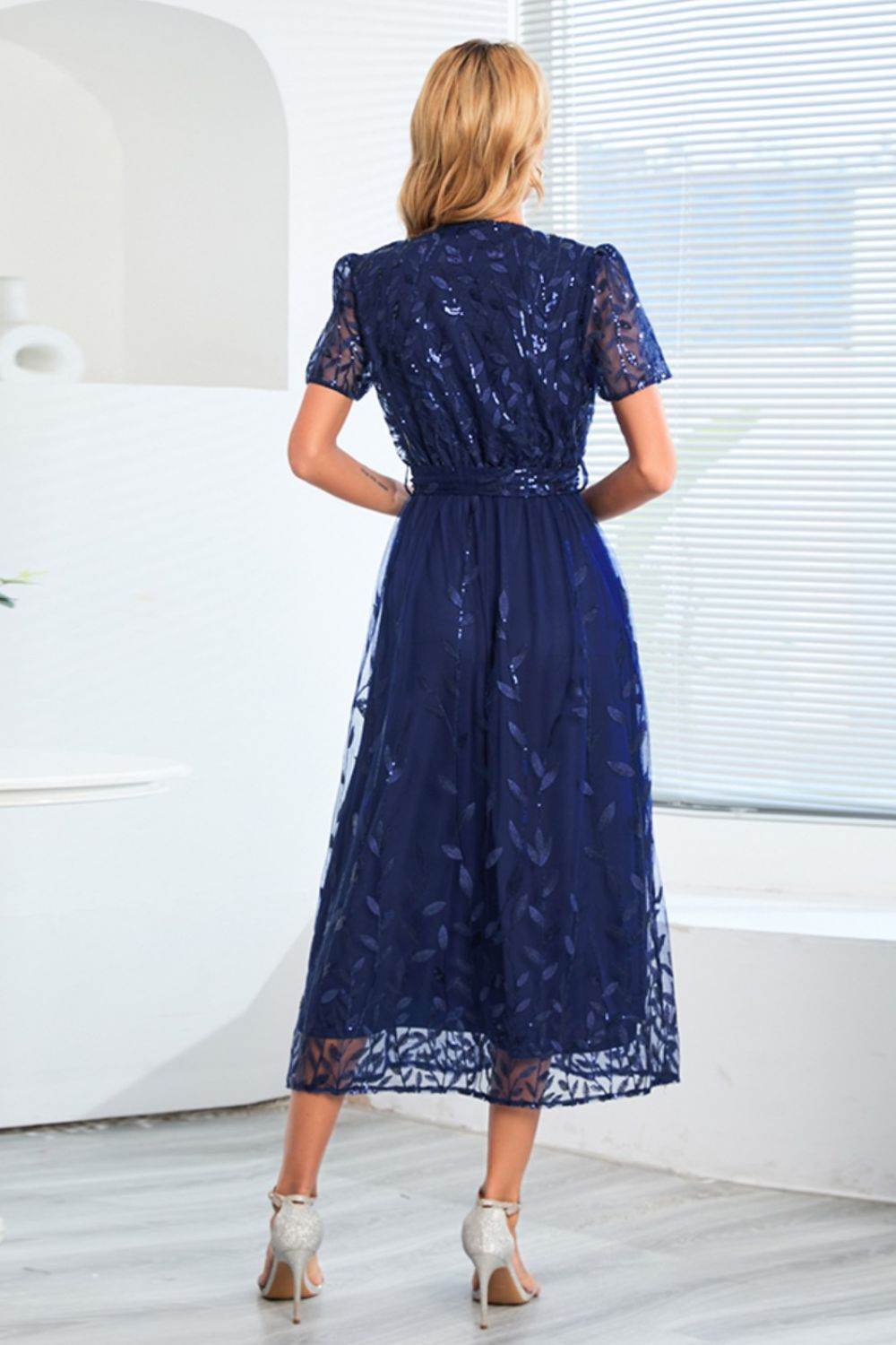 Sequin Leaf Embroidery Tie Front Short Sleeve Dress - Delanoir