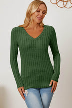 Basic Bae Full Size Ribbed V-Neck Long Sleeve T-Shirt - Delanoir