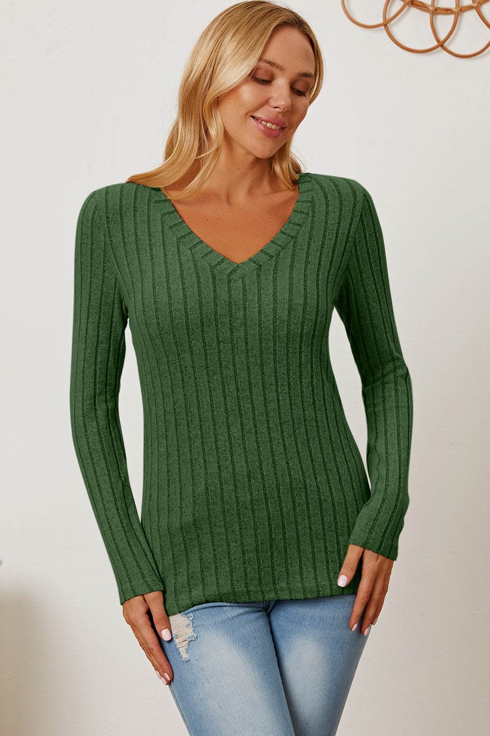 Basic Bae Full Size Ribbed V-Neck Long Sleeve T-Shirt - Delanoir