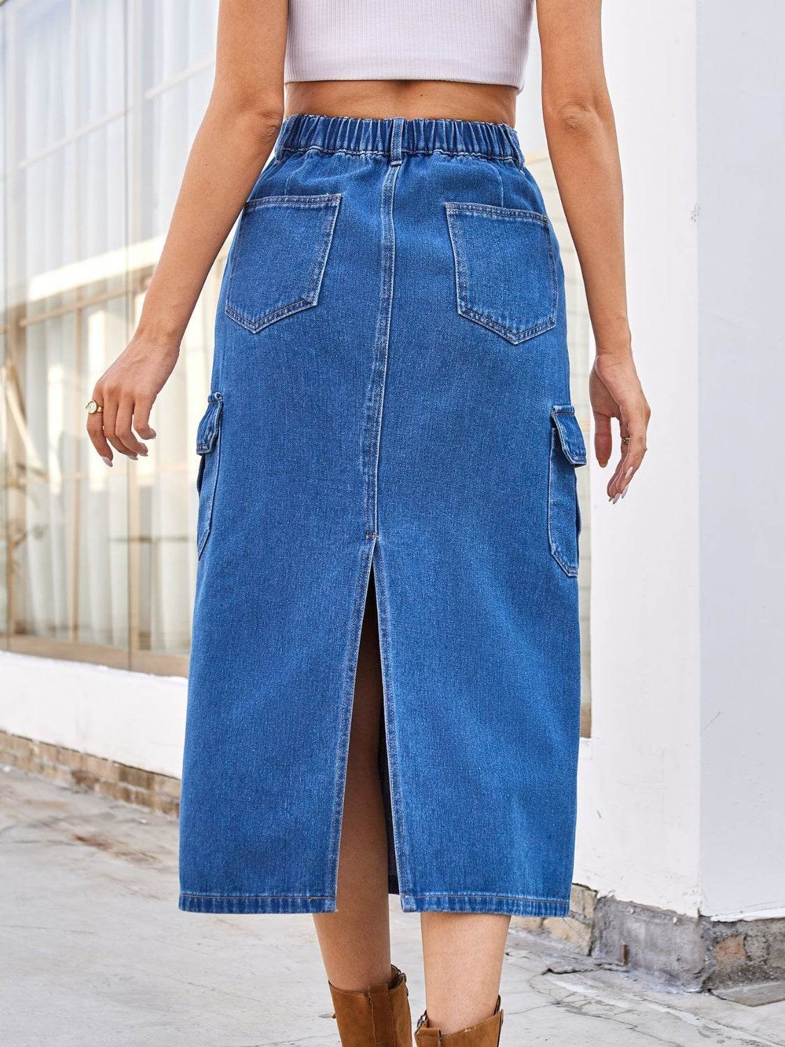 Slit Midi Denim Skirt with Pockets - Delanoir