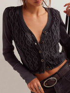 V-Neck Button Up Cropped Cardigan - Delanoir