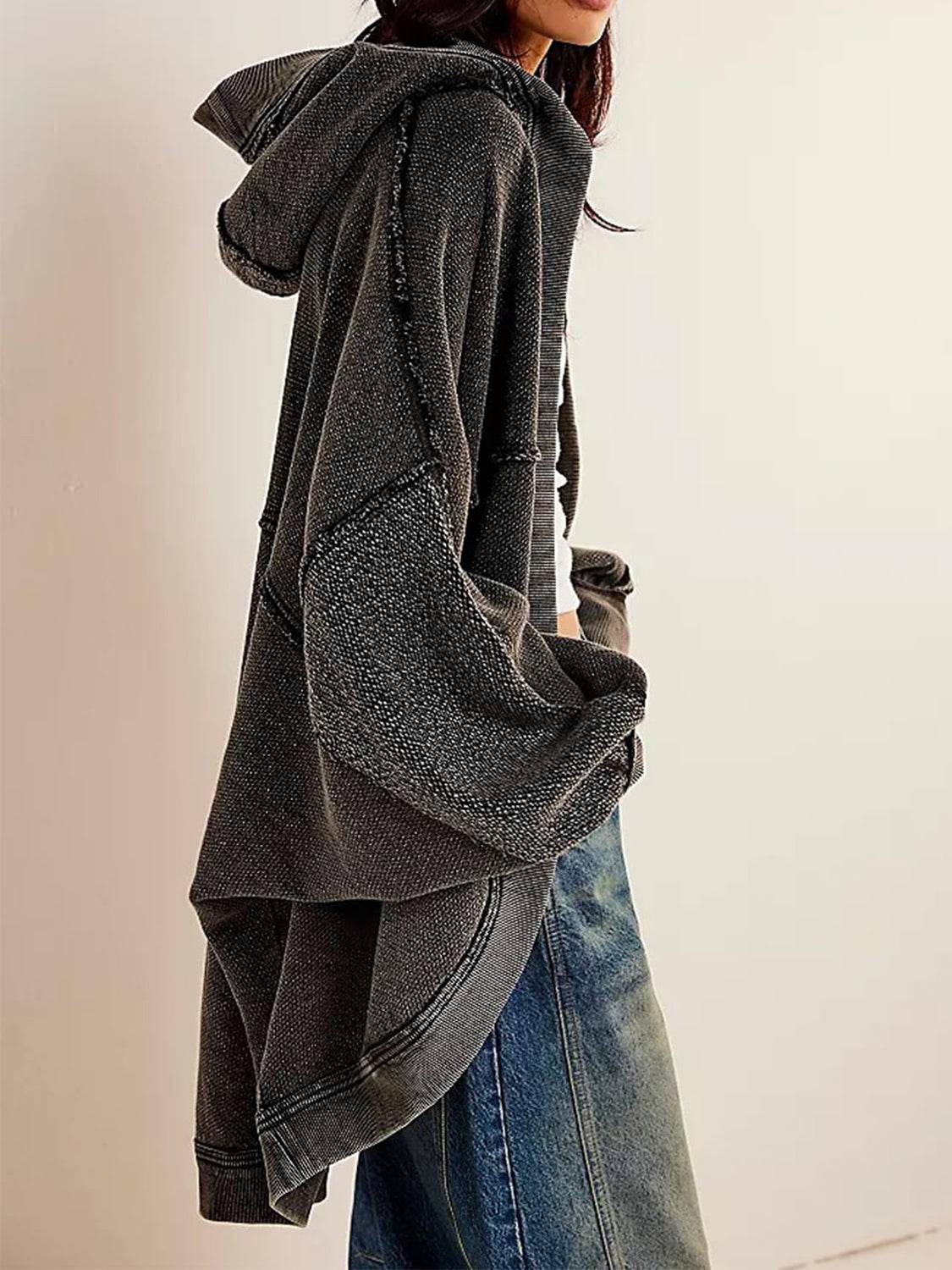 Exposed Seam Open Front Batwing Sleeve Hooded Cardigan - Delanoir