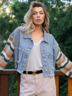 Distressed Striped Long Sleeve Denim Jacket - Delanoir