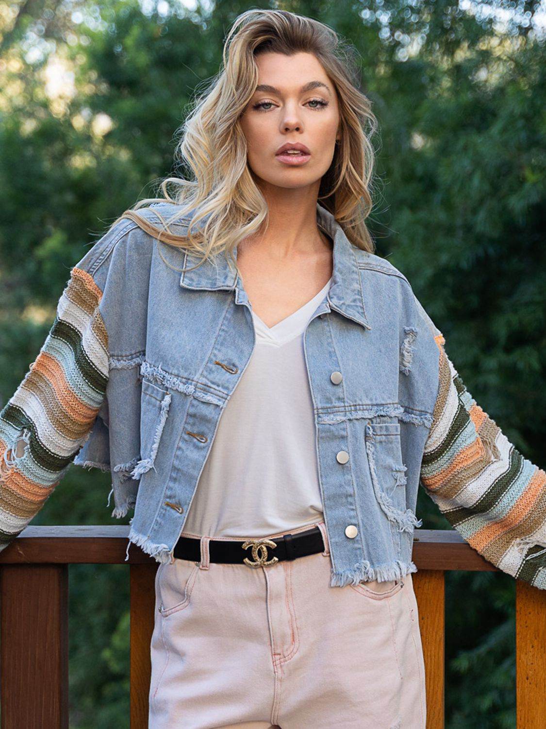 Distressed Striped Long Sleeve Denim Jacket - Delanoir