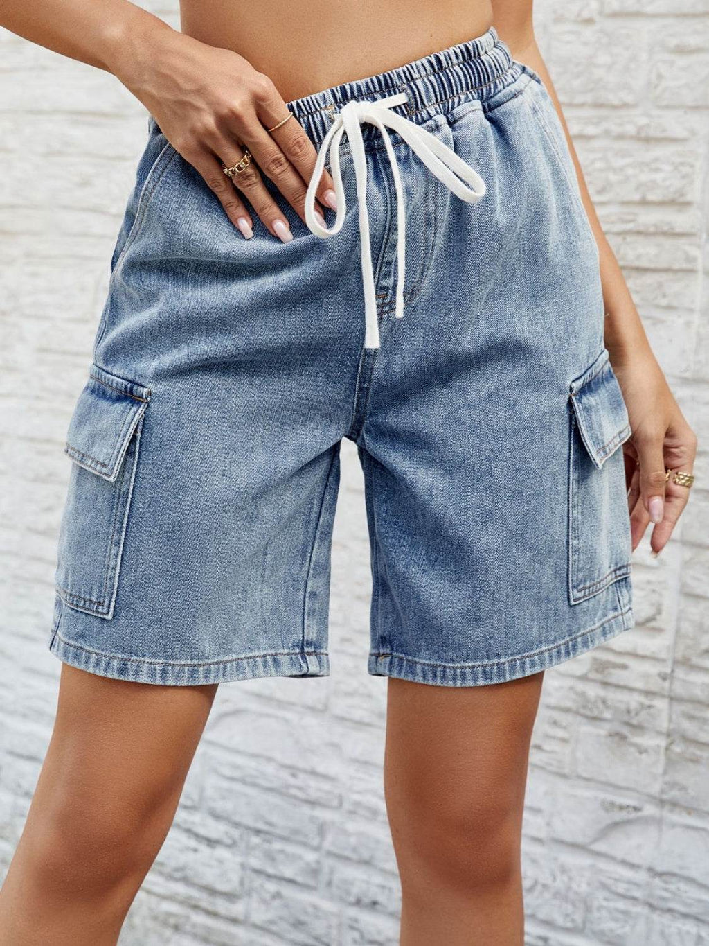 Drawstring Denim Shorts with Pockets - Delanoir