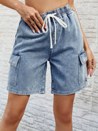 Drawstring Denim Shorts with Pockets - Delanoir