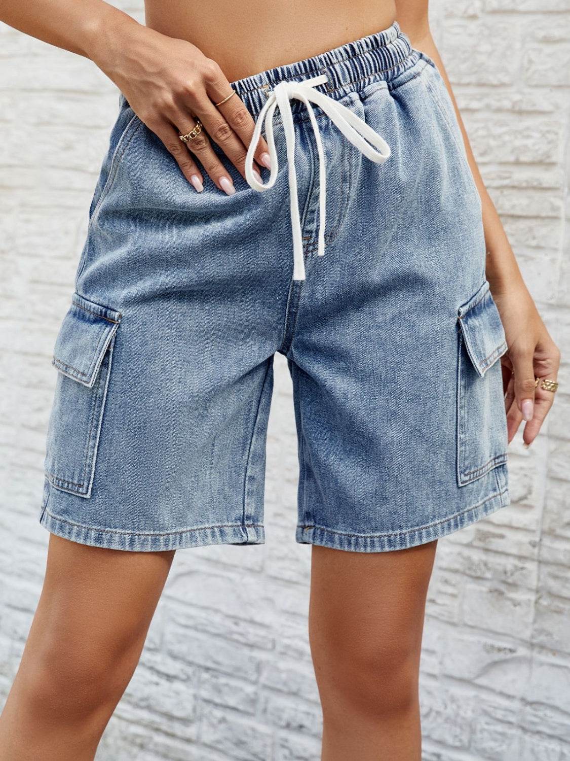 Drawstring Denim Shorts with Pockets - Delanoir