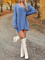 V-Neck Dropped Shoulder Sweater Dress - Delanoir