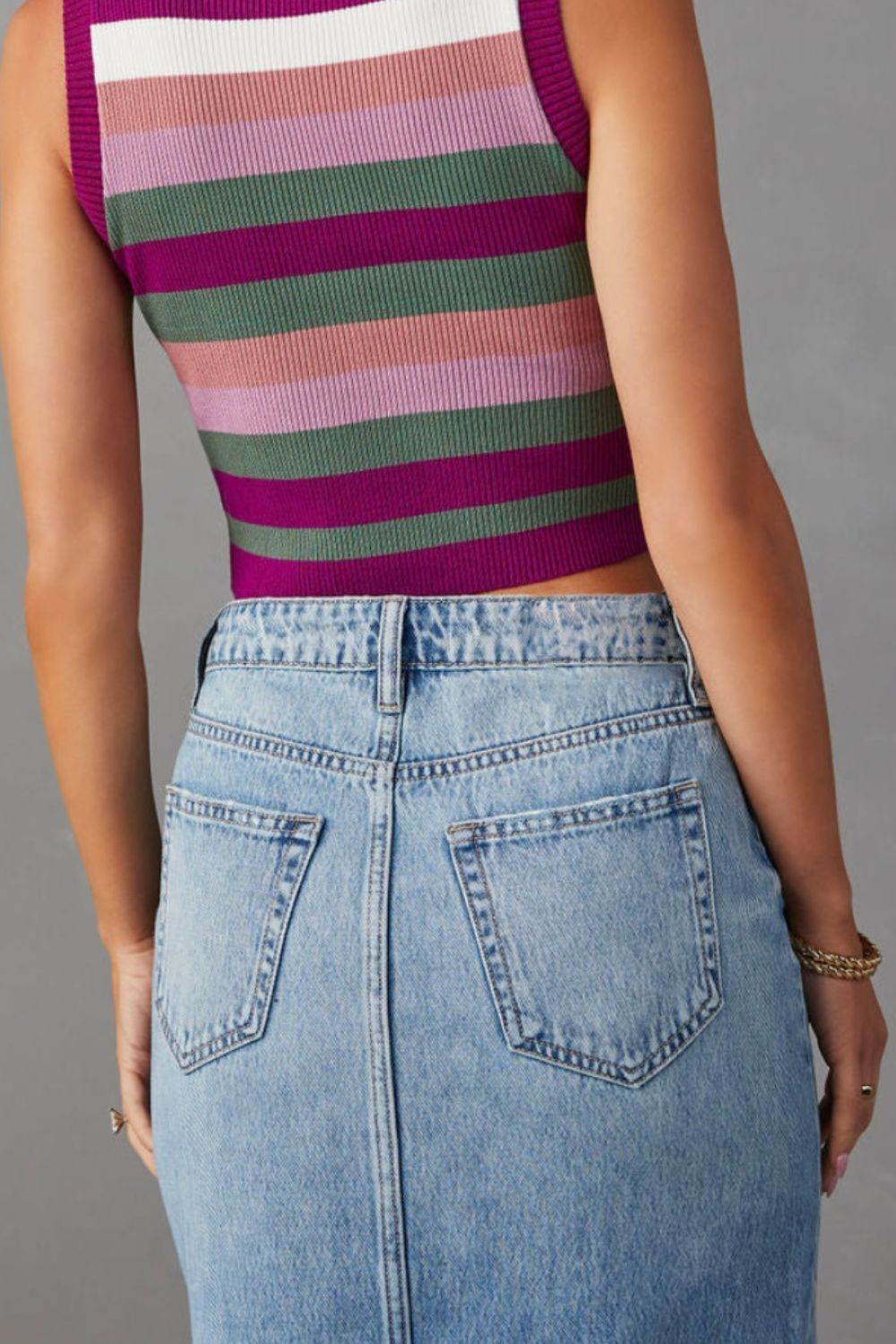 Slit Raw Hem Midi Denim Skirt - Delanoir
