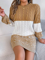 Cable-Knit Round Neck Color Block Sweater Dress - Delanoir