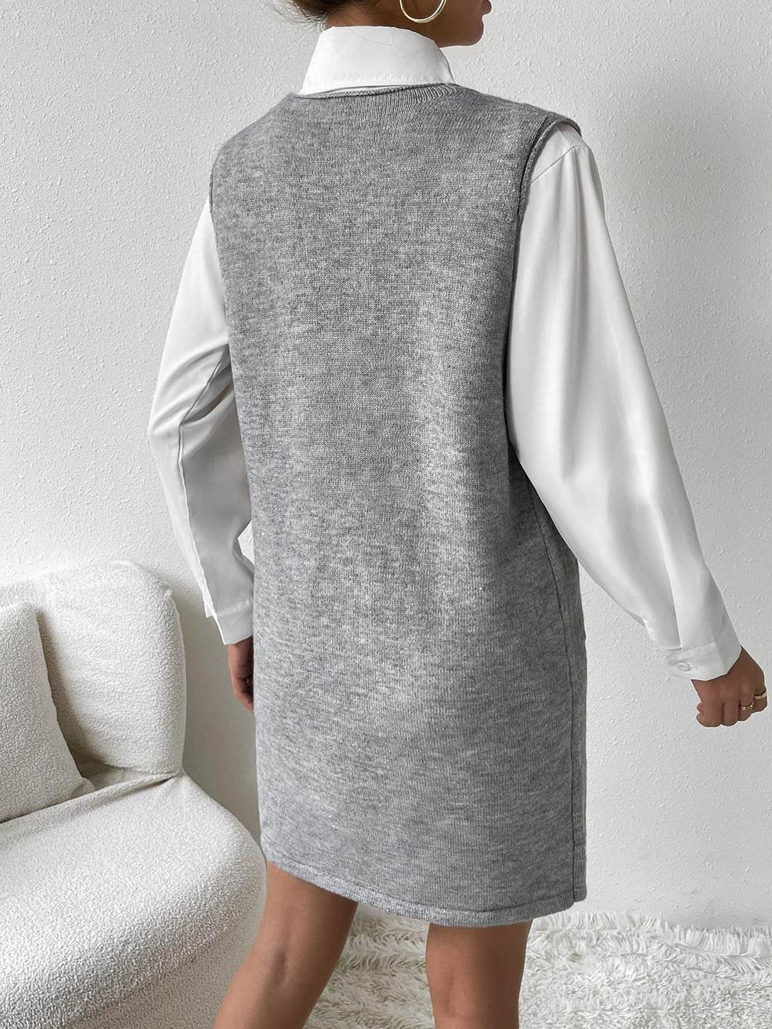 V-Neck Sleeveless Sweater Dress with Pockets - Delanoir