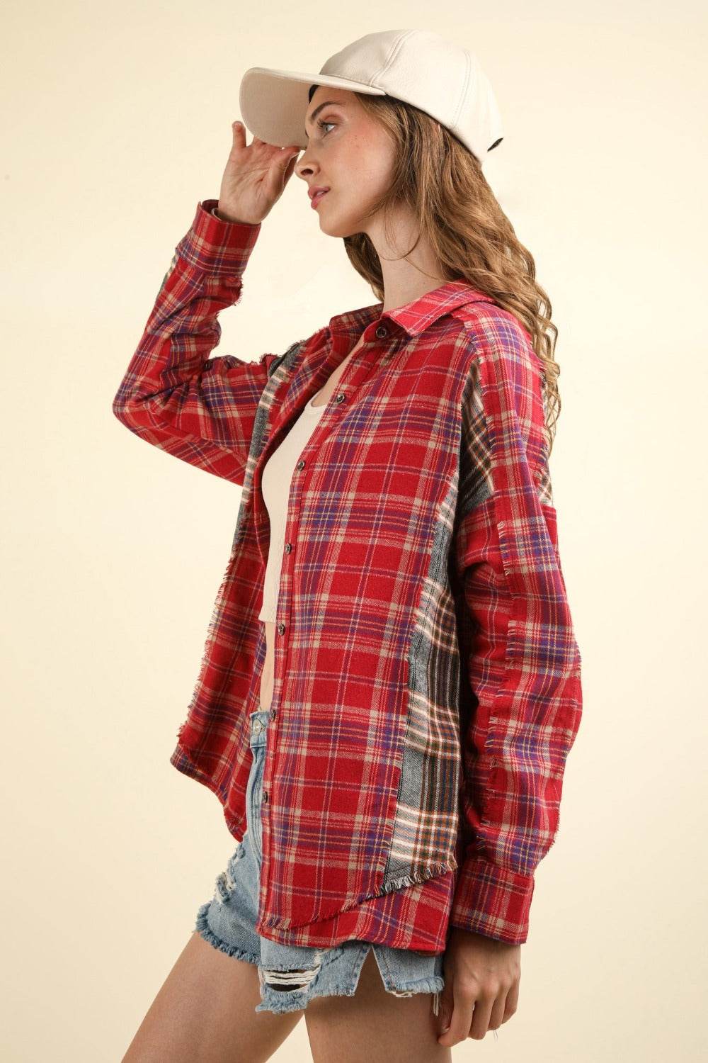 VERY J Contrast Plaid Raw Detail Shirt - Delanoir