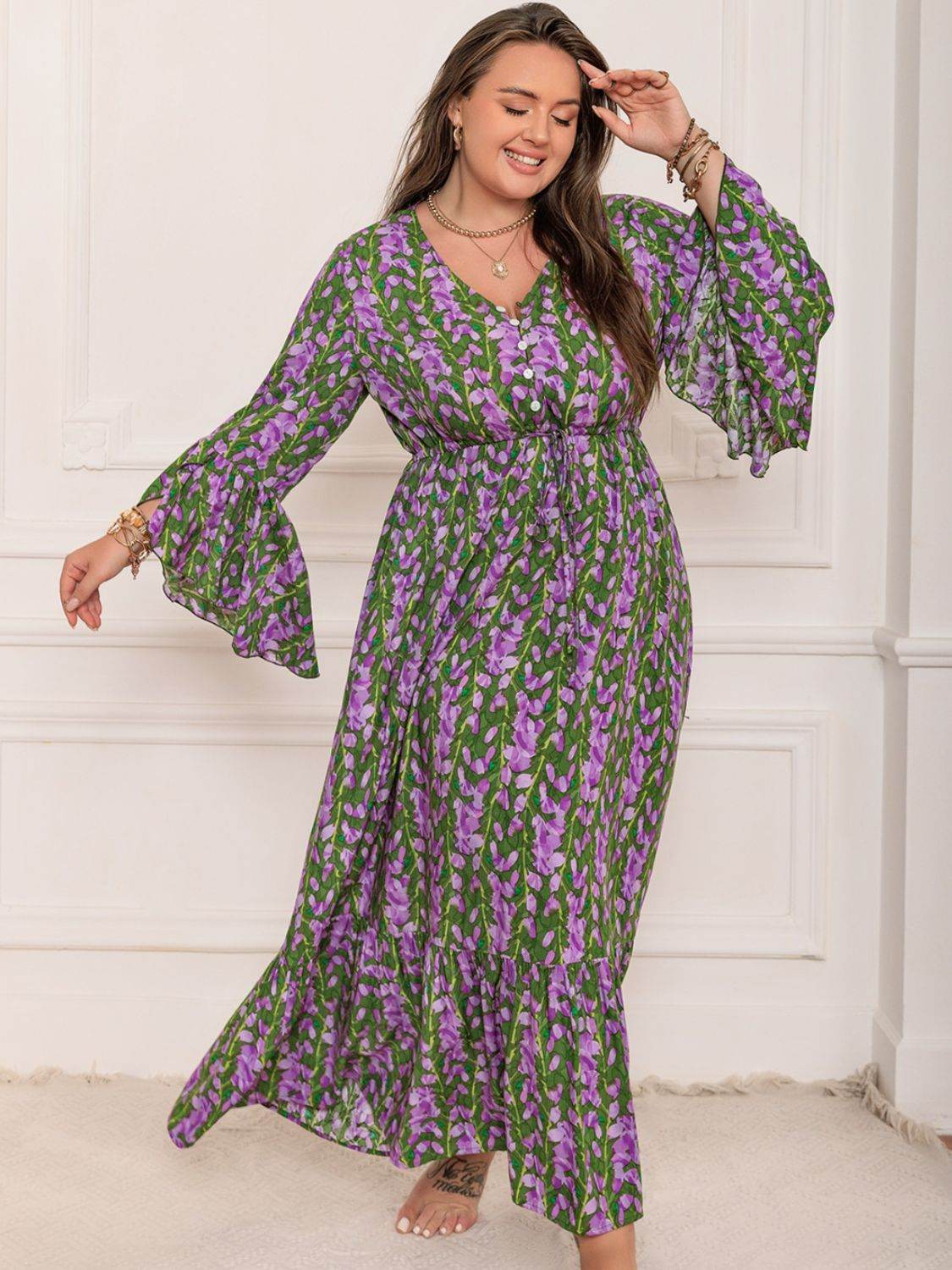 Plus Size Printed V-Neck Long Sleeve Maxi Dress - Delanoir