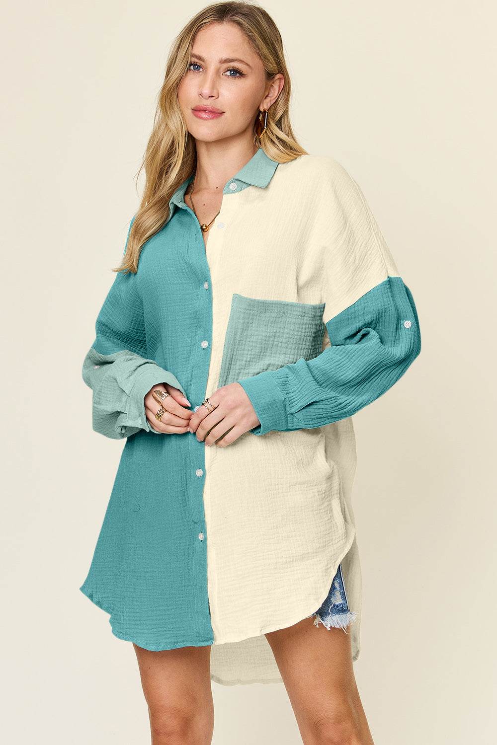 Double Take Full Size Pocketed Texture Button Up Shirt - Delanoir