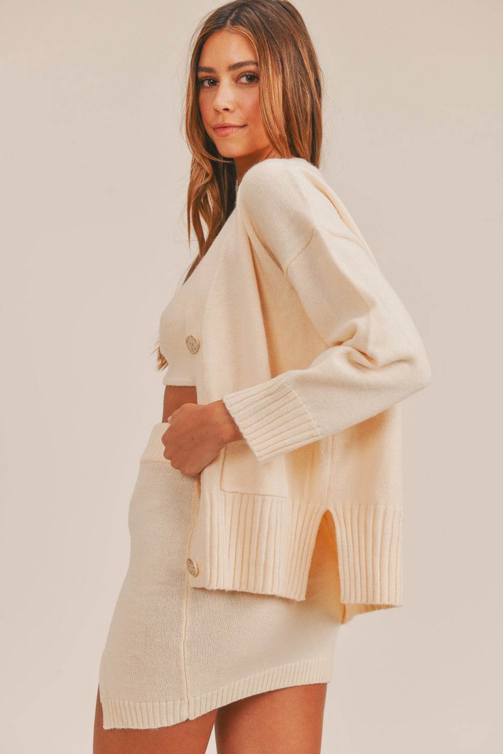 MABLE 3 Pieces Sweater Set with Crop Cami, Mini Skirt, Cardigan - Delanoir