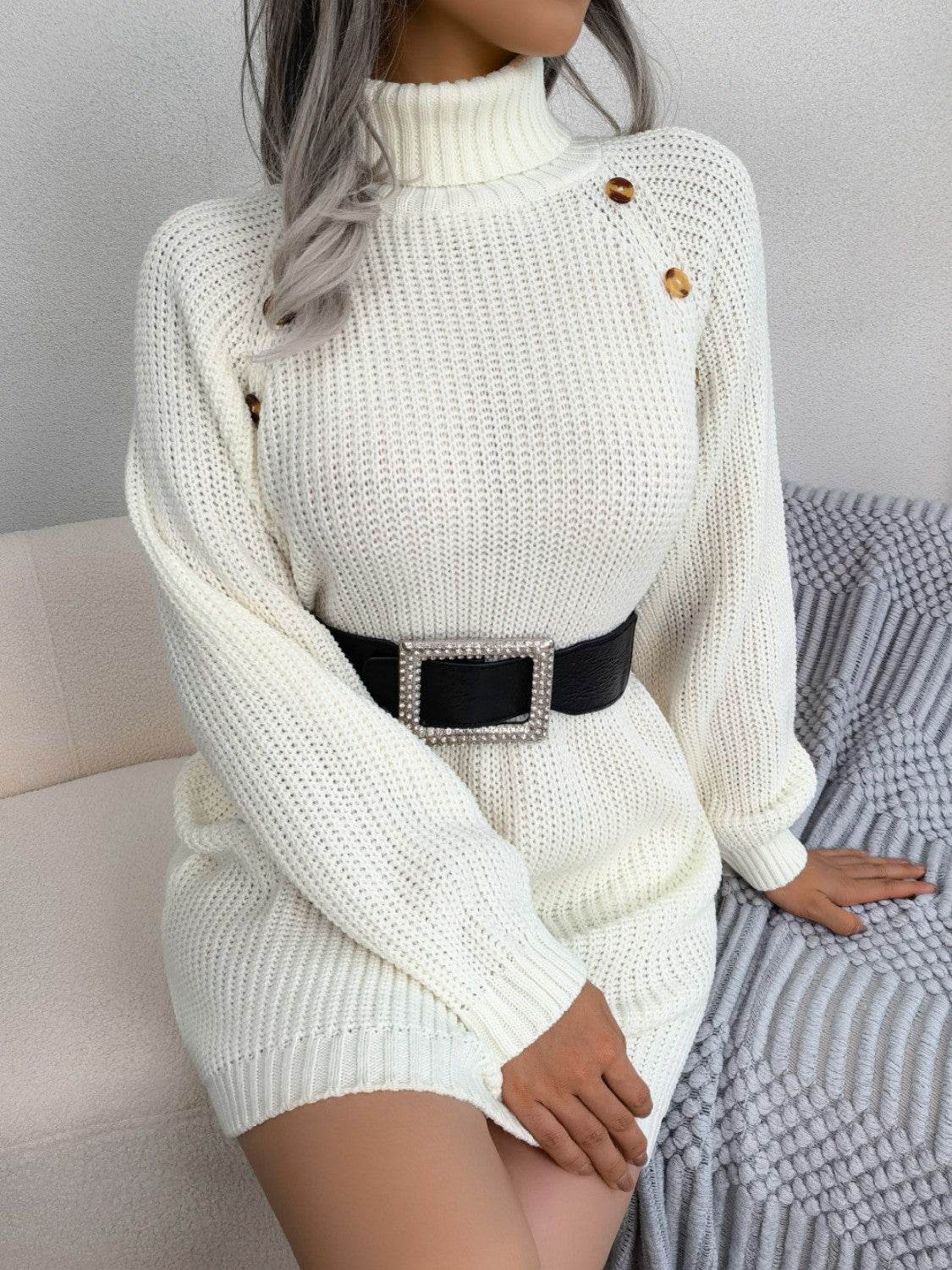 Decorative Button Turtleneck Sweater Dress - Delanoir