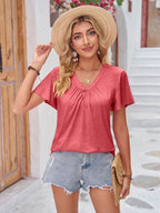 Double Take Ruched V-Neck Short Sleeve T-Shirt - Delanoir
