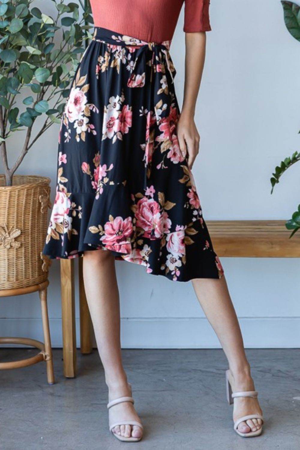 Reborn J Floral Wrap Ruffle Hem Skirt - Delanoir