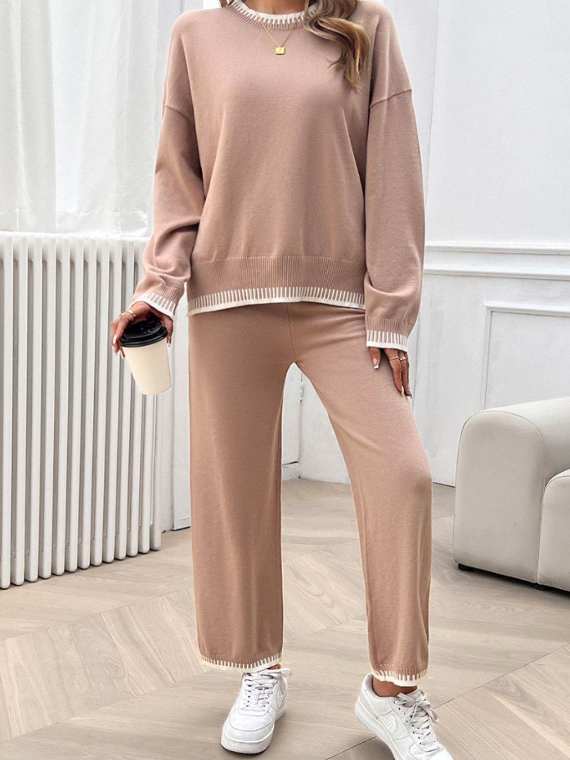 Devine Round Neck Dropped Shoulder Top and Pants Sweater Set - Delanoir