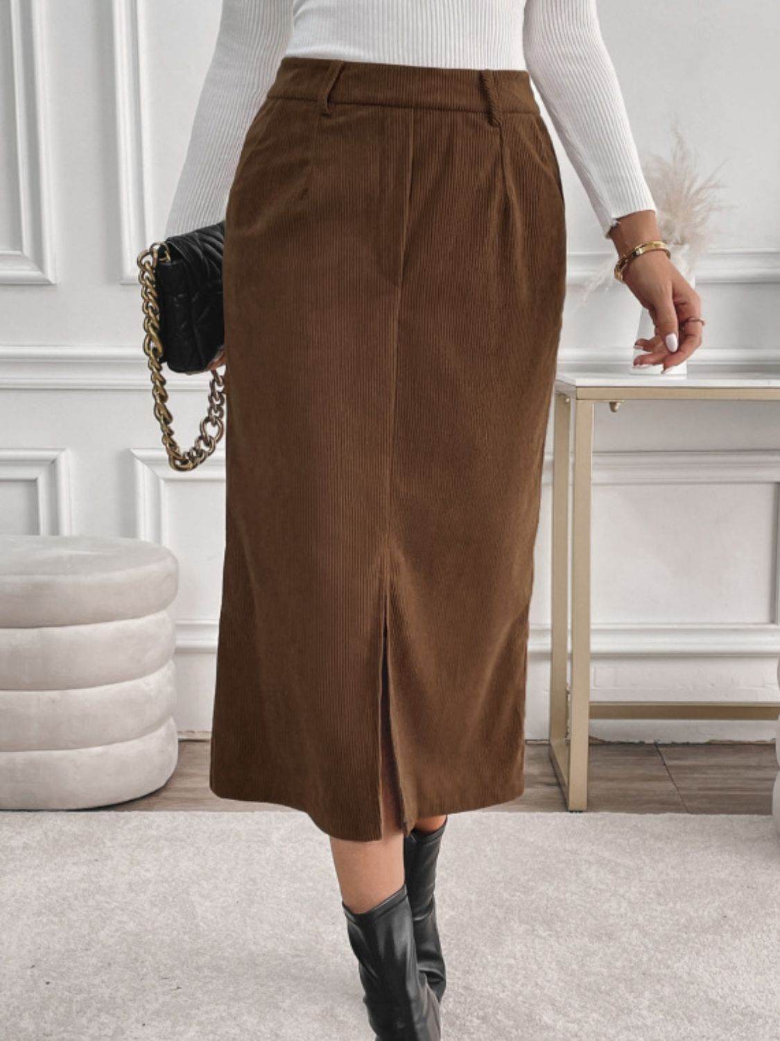 Perfee Slit Midi Skirt with Pockets - Delanoir