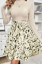 Printed Tie Waist Mock Neck Long Sleeve Dress - Delanoir