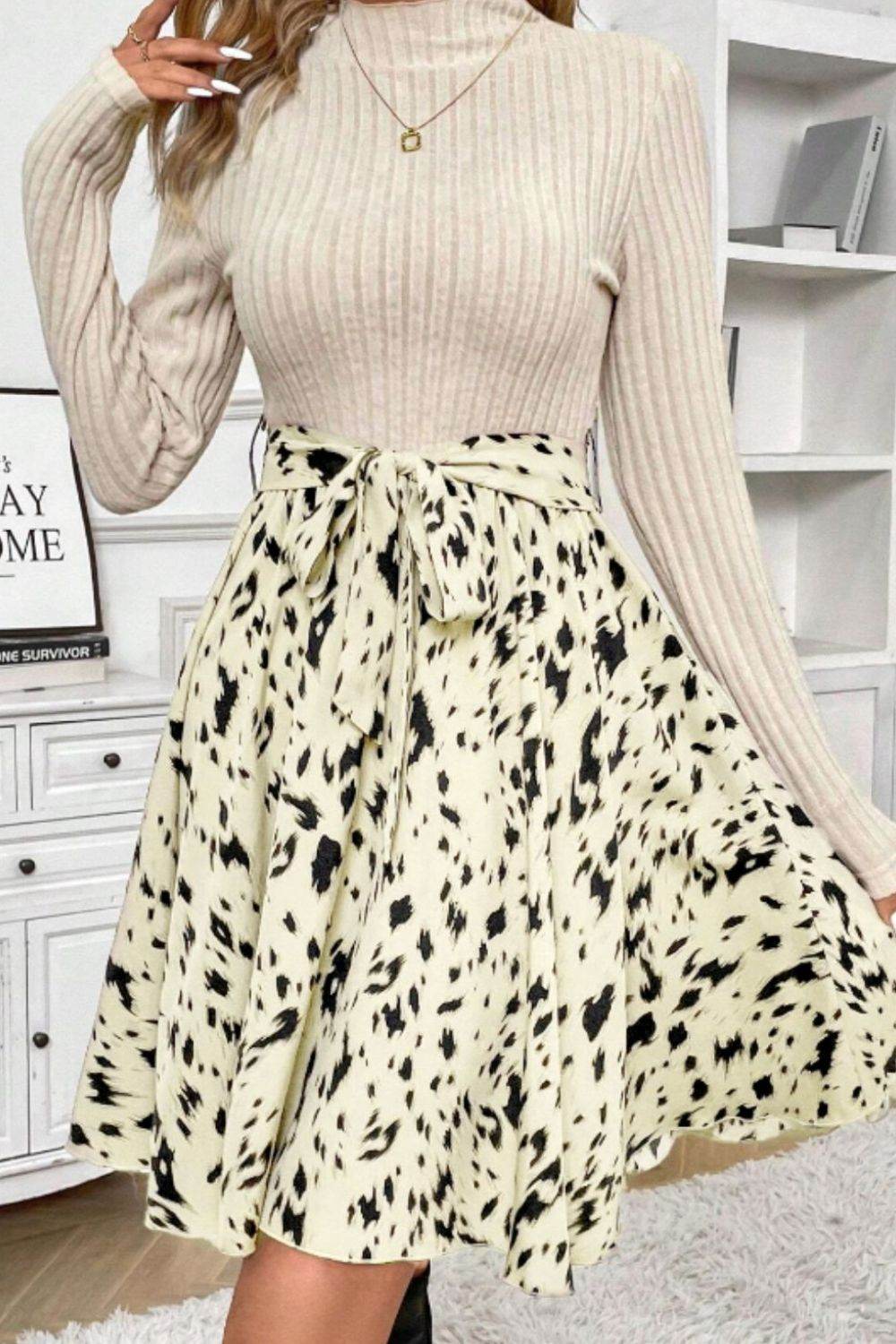 Printed Tie Waist Mock Neck Long Sleeve Dress - Delanoir