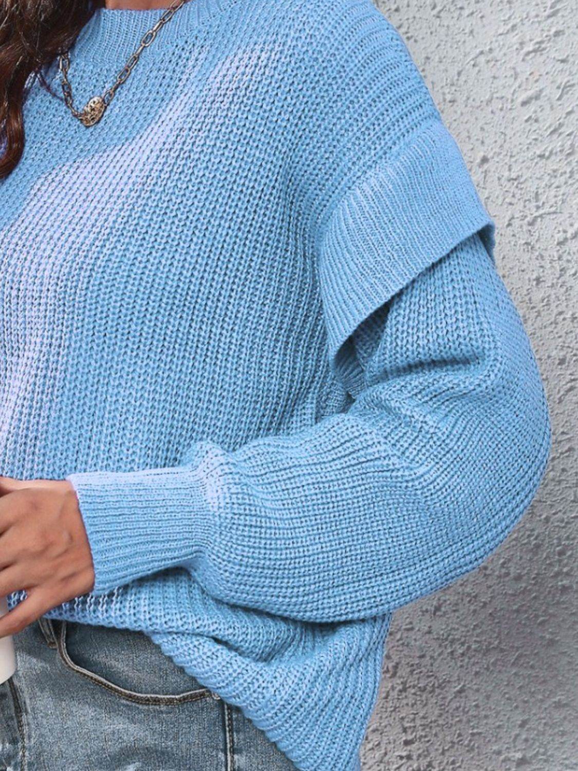 Ruffled Round Neck Dropped Shoulder Sweater - Delanoir