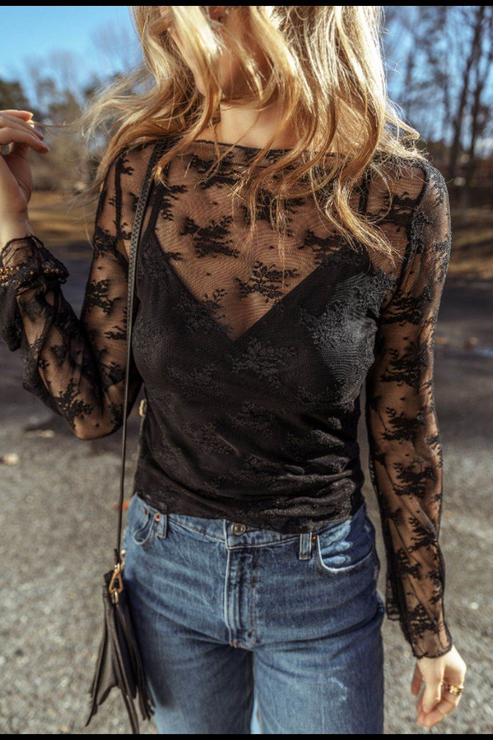 Surplice Cami and Lace Long Sleeve Cover Up Set - Delanoir