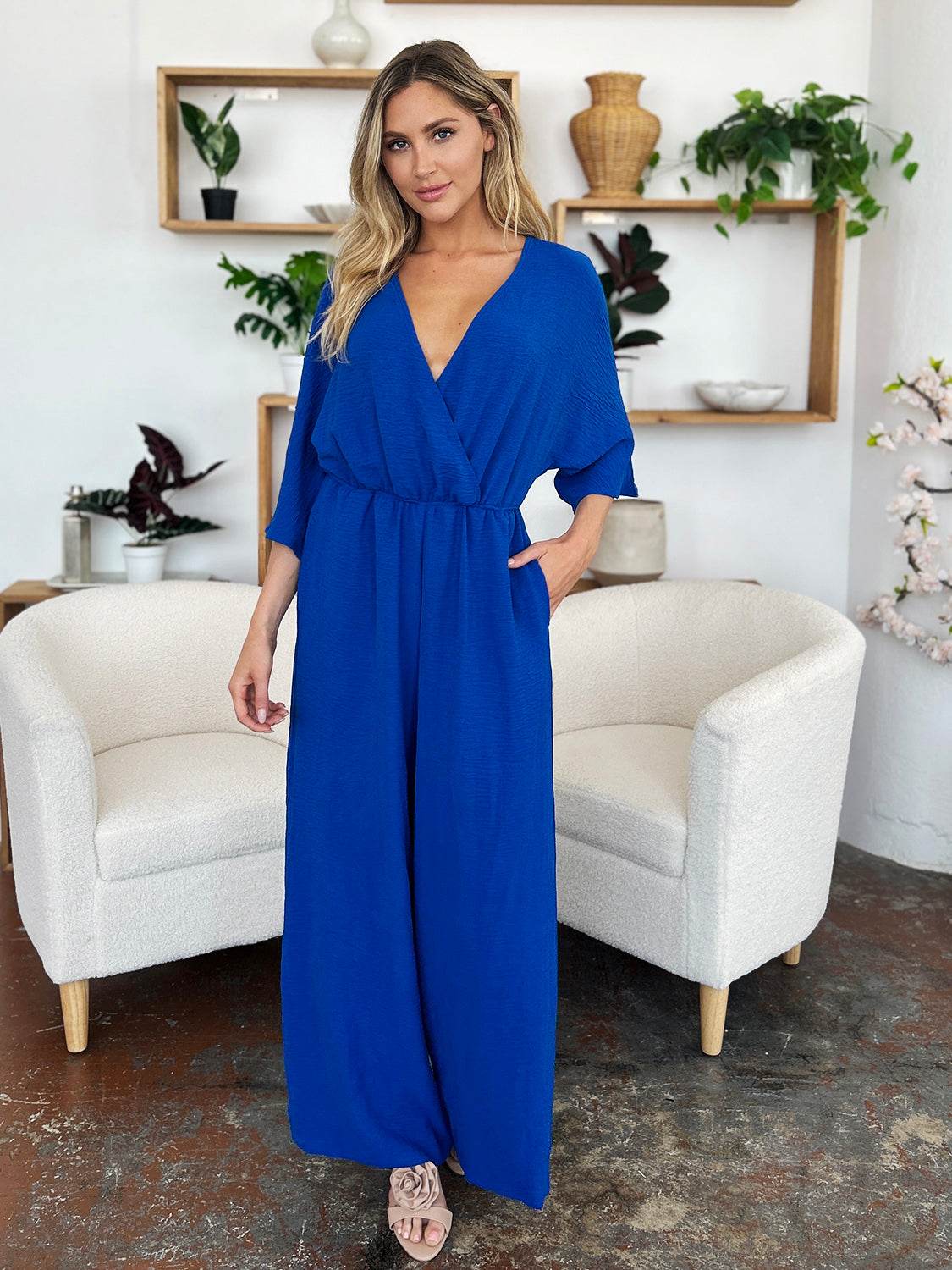 Double Take Full Size Surplice Wide Leg Jumpsuit with Pockets - Delanoir