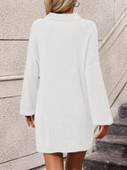 Collared Neck Long Sleeve Sweater Dress with Pockets - Delanoir