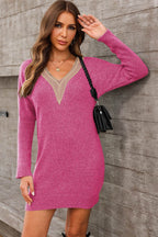 V-Neck Long Sleeve Mini Sweater Dress - Delanoir