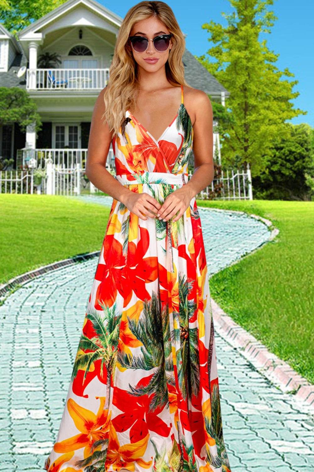 Crisscross Printed Surplice Cami Dress - Delanoir
