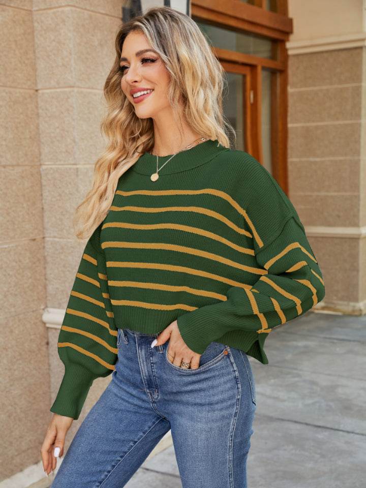Round Neck Striped Lantern Sleeve Sweater - Delanoir