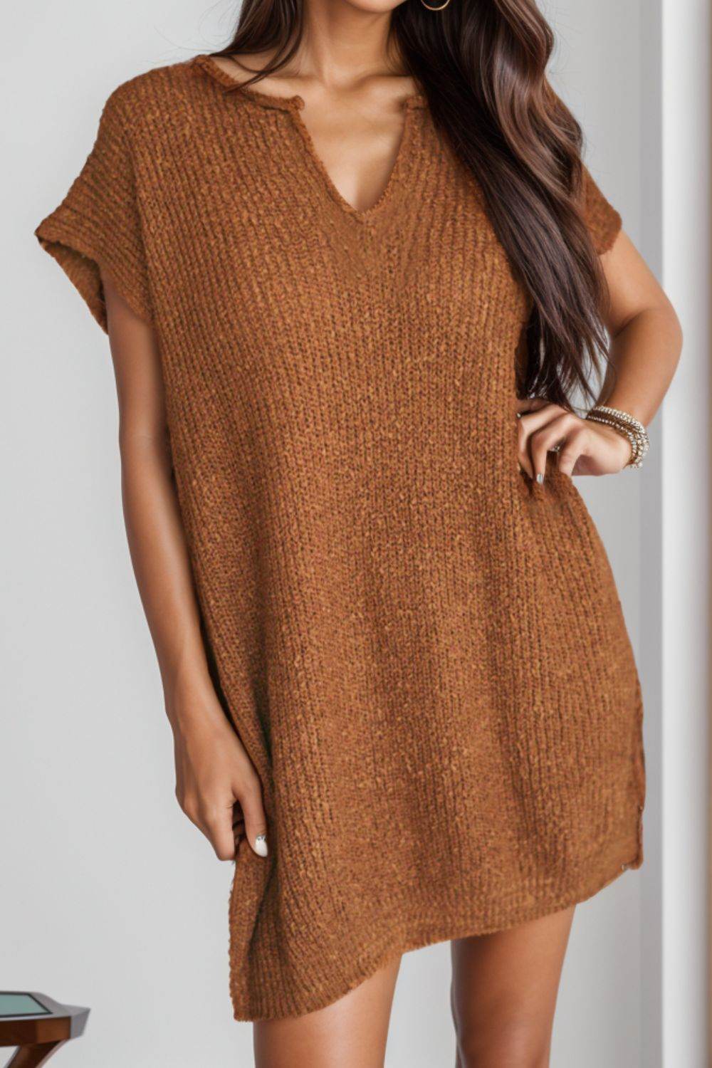 Notched Cap Sleeve Mini Sweater Dress - Delanoir
