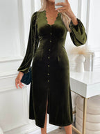 Perfee Slit V-Neck Long Sleeve Midi Dress - Delanoir